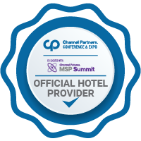 A blue and white seal with the Channel Partners Conference & Expo, co-located with MSP Summit logo, with the text "Official Hotel Provider" on the seal.
