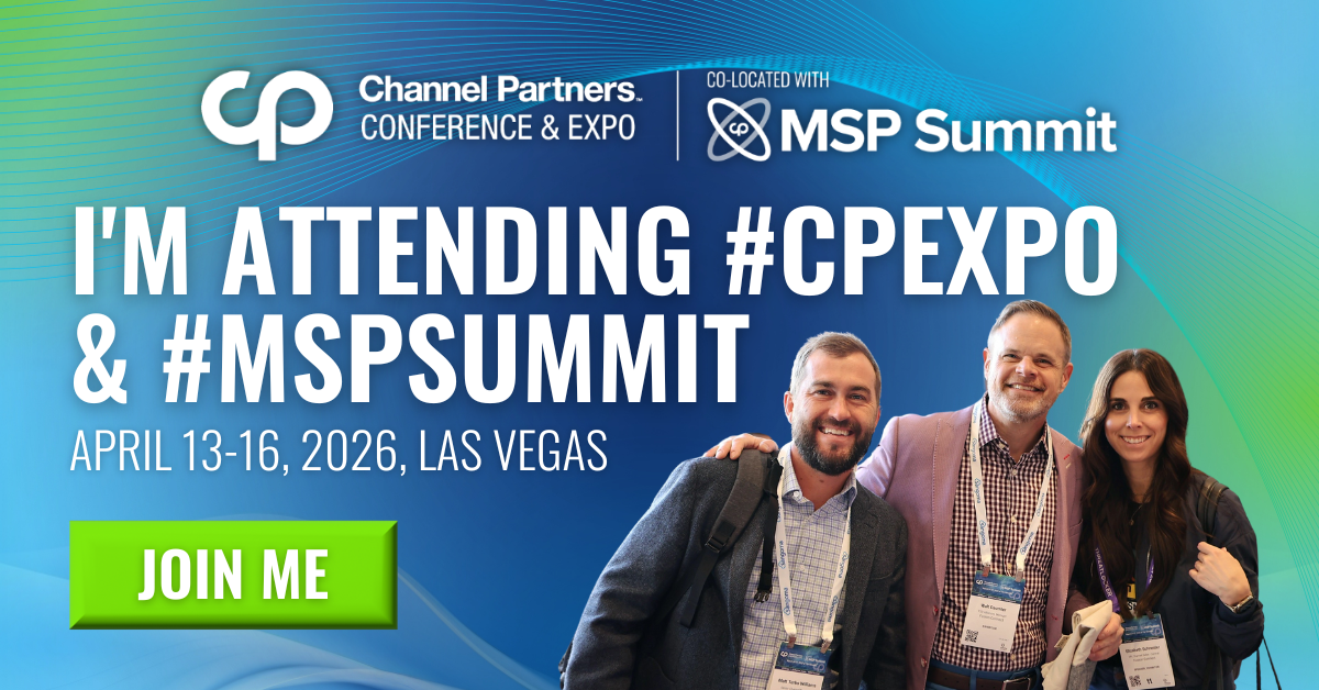 A social media graphic that says "I'm attending #CPExpo and #MSPSummit, April 13-16, 2026. Join me!"