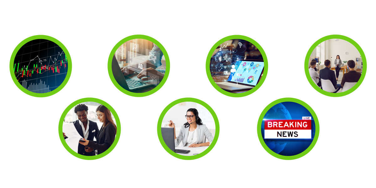 Two rows of green, circular icons labeled State of the Market, Marketing, Technology & Innovation, Leadership, Peer & Customer Insights, Sales, and Industry Trends
